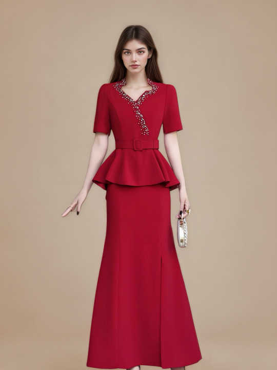 Elegant Burgundy Evening Dress with Peplum Waist Beaded V Neck Long Formal  Gown for Wedding Party Mother of Bride Formal Special| Alibaba.com