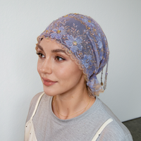 Gorro Turbante de Malla con Encaje Floral y Cuentas para Mujeres Musulmanas, con Lazo Trasero, Múltiples Colores, Elegante Pañuelo para la Cabeza para Uso Diario y Fiestas