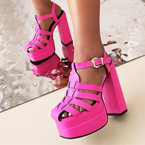 Solid Braiding Buckle Strap Square Toe Sandals Summer Solid Fashion Shoes for Women <b>Block</b> Heel Shoes Platform Gladiator 48 - Product Image 1