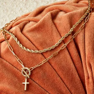 Gemnel Minimalist 925 Sterling Silver 18k Gold Plated Cross Paperclip Chain Necklace