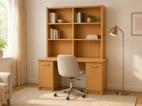 Bureau d'étude moderne en contreplaqué finition chêne avec étagère intégrée, table d'apprentissage pour bureau à domicile, armoire de rangement