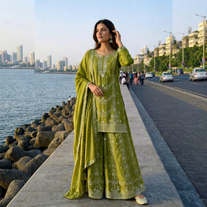 Conjunto de Salwar Kameez Verde Bordado, Traje Tradicional Indio para Bodas, Fiestas y Diwali - Product Image 1