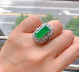 Anéis de dedo totalmente zircônia cúbica, anéis de luxo banhados na platina, retangular esmeralda, anéis de noivado para casamento