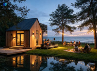 Cabane de glamping modulaire noire en forme de A, petite maison préfabriquée en bois avec grande fenêtre vitrée, villa de vacances préfabriquée pour station balnéaire