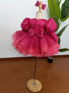 2024 Neues Maßgefertigtes Pailletten-Rotes Blumenmädchenkleid Partykleidung für 1-Jährige Baby Geburtstag Flauschige Prinzessin Rosa Blau Voluminöses Kleid - Product Image 3