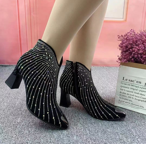 <span class=keywords><strong>Bottines</strong></span> élégantes en daim à talons blocs pour femmes, chaussures à bout pointu pour femmes, bottes courtes <span class=keywords><strong>cloutées</strong></span> en cristal - Product Image 4