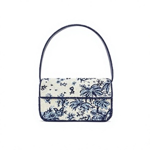 Bolso de hombro con solapa y cuentas florales azules y blancas vintage para mujer - Product Image 1