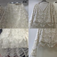Ensemble de soirée de luxe en maille perlée en forme d'éventail, élégant et modeste, robe de soirée formelle ivoire à manches longues, veste et jupe, ensemble 2 pièces