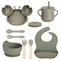 Ensemble de vaisselle pour bébé à faible MOQ : Assiette crabe en silicone avec ventouse, bavoir imperméable et tasse avec couverts