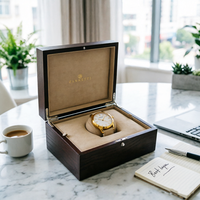 Boîte de rangement pour montres en bois plaqué noir, doublure en daim beige, logo personnalisé avec fermeture métallique pour l'emballage de montres haut de gamme