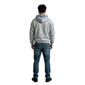 Vente en gros Sweat à capuche zippé unisexe en molleton 100% coton avec logo personnalisé, patchwork à carreaux et manches en flanelle TKAN9112 - Product Image 3