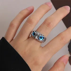 Uomo donna anello animale regolabile retrò gioielli Vintage Blue Demon Eye Owl Open Ring
