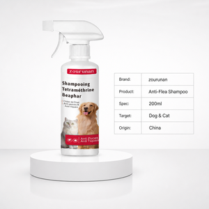 Shampoo <span class=keywords><strong>anti</strong></span>-<span class=keywords><strong>puces</strong></span> Zourunan 200ml pour chiens et chats, lavage et toilettage, tétraméthrine, origine Chine, marque privée, vente en gros - Product Image 1