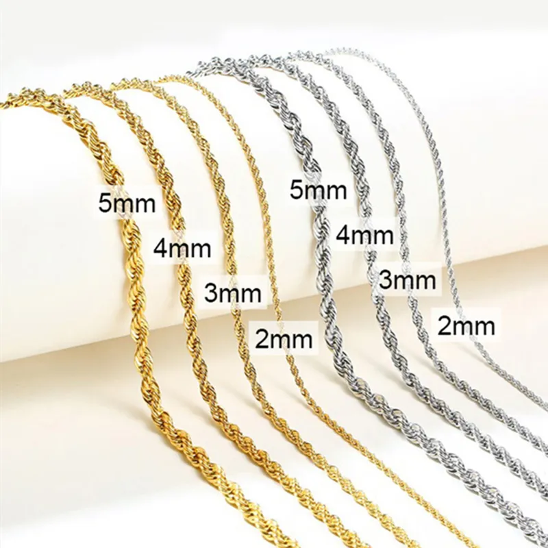 Vermeil-Cadena de cuerda fina de 2mm, 3mm, 4mm, 5mm, chapado en acero inoxidable, 14k, oro de 18k, cadena de oro trenzada