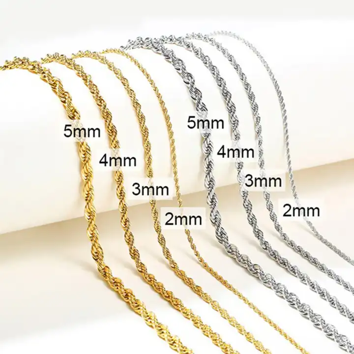 Wholesale Long 20in Hiphop PVD 21K 24K Gold ilver Waterproof 1.8mm 10mm Braid Thick Chunky Thin Rope Chain Necklace Design for Men Women,2 Pieces