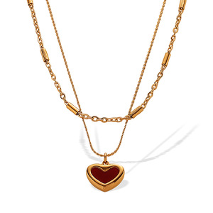 Collar de doble capa con corazón rojo, cadena de clavícula de acero inoxidable, colgante dorado, joyería de regalo - Product Image 5