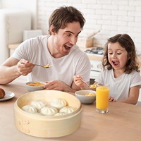 Ensemble Panier Vapeur en Bambou 2 Niveaux 21 cm avec Couvercle Bambou, Capacité 4 L, Compatible Gaz et Induction, Pour Bao Buns, Dim Sum, Riz et Légumes