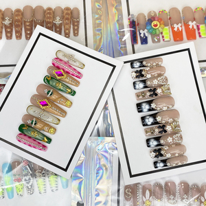 Lot de 10 faux ongles à presser faits <span class=keywords><strong>main</strong></span>, design exquis Y2K INS, carrés/coffin, en acrylique épais peint à la <span class=keywords><strong>main</strong></span>, personnalisables - Product Image 2
