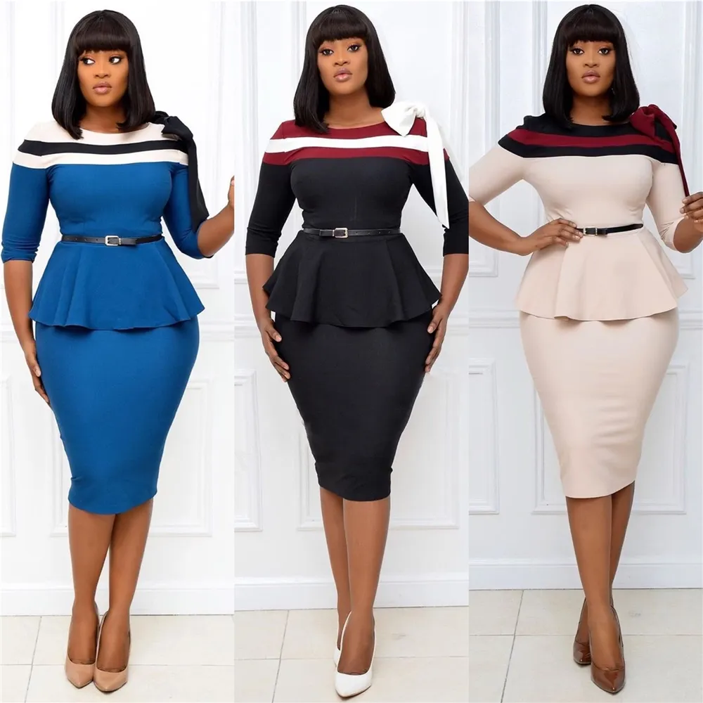 D084A New fashion Fall african career plus size dress patchwork ruffle hem women office dress bodycon women clothing dress