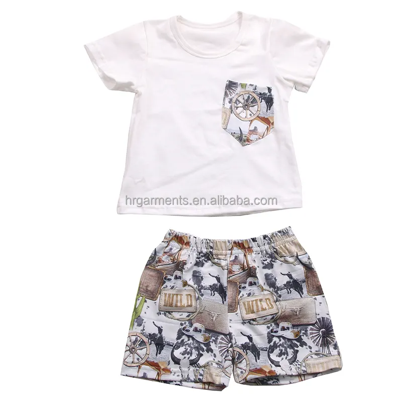 Nieuwe Aankomst Wilde Westerse Print Witte Katoenen T-shirt Met Pocket + Jongens Shorts 2 Stuks Sets Kleding Zomer Kids outfits