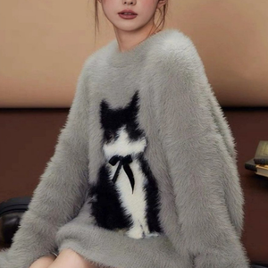 2024 Spring New Arrival <strong>Women's</strong> Crew Neck Long Sleeve Jacquard Soft Sweater <strong>Jumper</strong> Casual Style Cartoon <strong>Cat</strong> Animal Design - Product Image 2