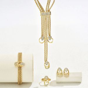 Korean Style Gold Plated Alloy Link Chain <b>Necklace</b> Earrings Versatile Finger <b>Ring</b> Set Trendy Fresh Crystal Niche Design - Product Image 1