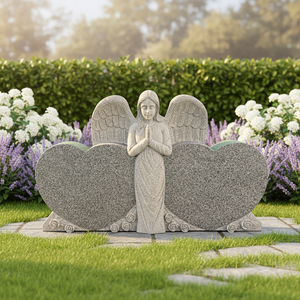 Lápida Clásica de Doble Corazón con Ángel Orando, Completamente Pulida Excepto la Estatua, Fabricada con Granito Gris Padang (G614) de Alta Calidad - Product Image 1