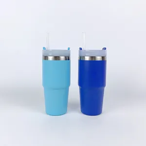 Yeni varış 14oz pipetli bardak ve kapak 10 renkler Mix özel Logo çocuk şişe vakum yalıtımlı toz kaplı içecek fincan