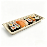 Afbreekbare, recyclebare, wegwerpbaar rechthoekig sushi- en fruitplateau, stapelbaar, geschikt voor magnetron, van bagasse, voor fastfood.