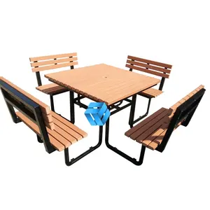 Meja luar ruangan, Meja persegi ukuran disesuaikan dengan bangku panjang terpasang sandaran, set meja piknik luar ruangan