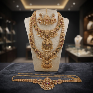 Ensemble de collier de mariée long style temple traditionnel du sud de l'Inde, plaqué or, alliage, zircon, haute qualité, dernier design vintage - Product Image 4