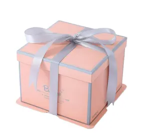 Kotak Hadiah Kue, Logo Kustom Kualitas Tinggi Paket Kotak Makanan Penutup Cetak Kertas Karton Kemasan Kotak Kue Ulang Tahun Pernikahan dengan Pita