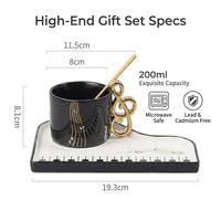 Tasse à café en céramique 200 ml avec soucoupe à touches de piano, poignée en clé de sol dorée, ensemble cadeau tasse à thé en porcelaine