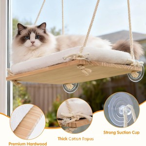 Hamaca para gatos con ventosa, cama rectangular de madera maciza con cojín para gatos, colgante para balcón, duradera, para las cuatro estaciones, tamaño mediano - Product Image 3