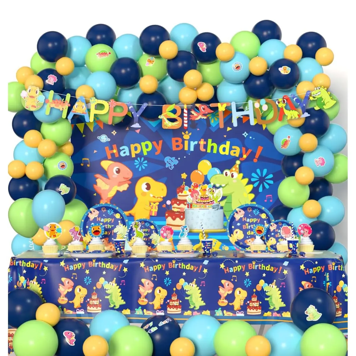 Set pesta ulang tahun plastik dekorasi dinosaurus kecil tiga Set balon pesta teh untuk anak-anak
