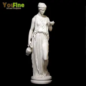 Ukuran Hidup Gaya Yunani Marmer Putih HEBE Wanita Patung dengan Pot