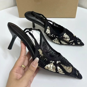 Black Sequined <b>Beaded</b> Pointed-Toe Elegant Black Stiletto Heels with Ankle Strap Women Sexy Heel Sandals - Product Image 1