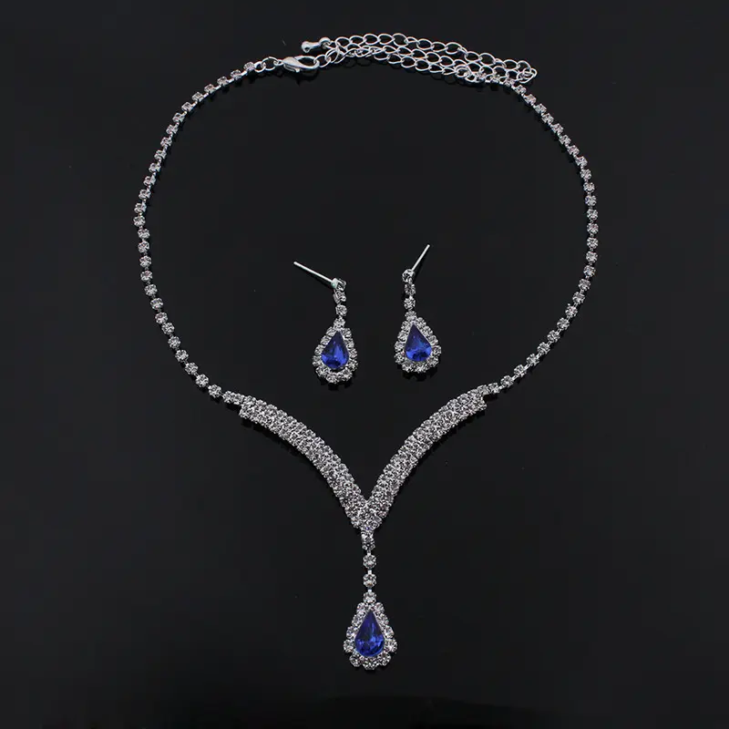 Blue Sapphire 925 Sterling Silver Crystal Rhinestone CZ Teardrop Pendant Women Collarbone Chain Necklace Earrings Jewelry Set