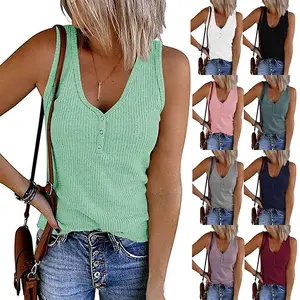 T4453 Wholesale Latest Simple Design Women's Button Vest Solid Color V-neck Sleeveless Lady Casual T-shirt Top