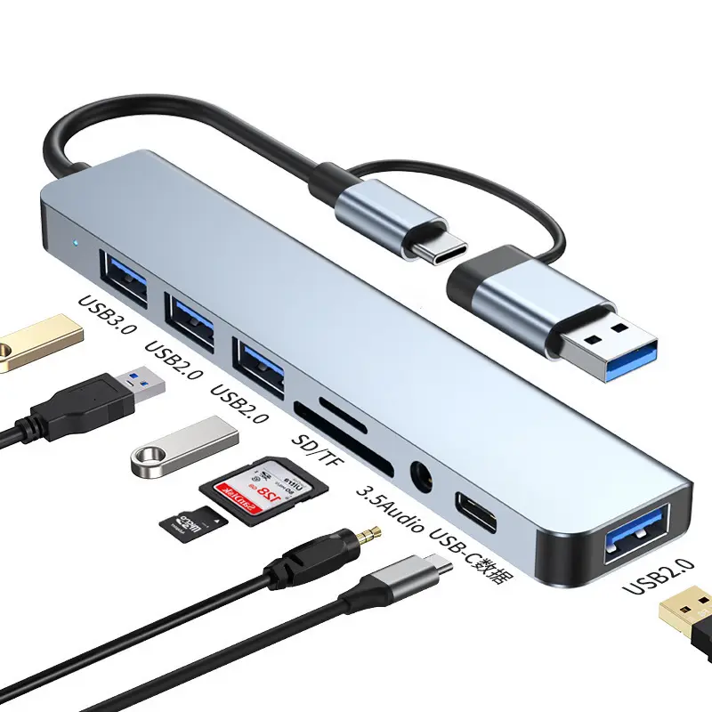 Hub USB 4 5 6 7 8 Ports 2.0 3.0 Adaptateur multifonctionnel répartiteur de hub Usb-c en aluminium pour ordinateur portable Moniteur d'ordinateur de bureau