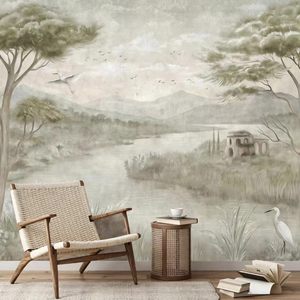 Carta da Parati Murale Personalizzabile Impermeabile con Stampa a Trasferimento Termico, Stile Art Déco, Paesaggio Vintage sul Fiume con Albero di Pino, per - Product Image 2