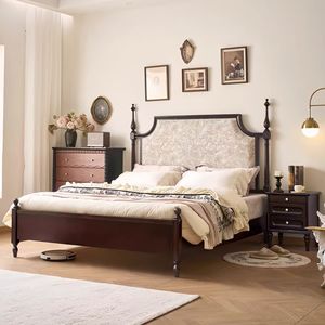 Cama Tapizada de Madera Maciza de Estilo Medieval Vintage Francés, Cama Doble/Matrimonial de 1.8m/2m - Product Image 3
