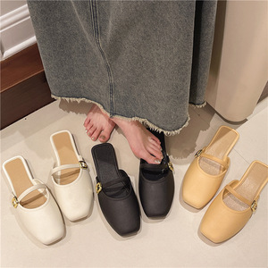 <span class=keywords><strong>Mules</strong></span> plates à bout carré fermé pour femmes, avec boucle dorée et une seule bride, sandales décontractées pour le quotidien - Product Image 1