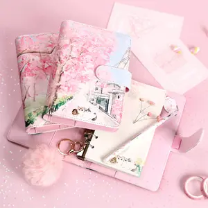 blossom notebook Suppliers-Permen Lucu Kucing Korea Hardcover Kulit Notebook Spiral Binder Kawaii Anak Perempuan Romantis Seri Cherry Blossom Notebook A6