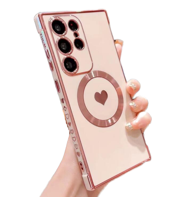Electroplate Soft TPU Love Heart Magnetic Phone Case Wireless Charging Protective Full Cover for Samsung S24 for iPhone 16 17