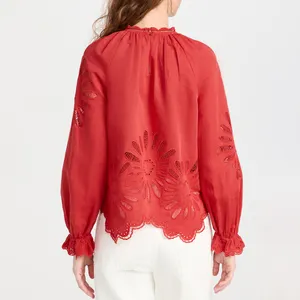 Custom Hoge Kwaliteit Vrouwen Elegante Lange Mouwen Blouse Geborduurde Bloemen Asymmetrische Geschulpte Zoom Top Voor Dames