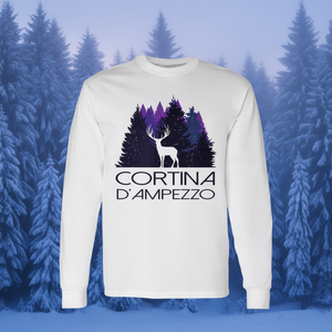 T-shirt a maniche lunghe Cortina D'Ampezzo con design cervo e foresta, abbigliamento invernale - Product Image 3