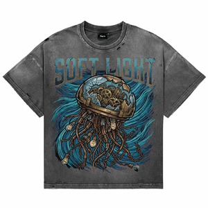 T-shirts pour hommes vintage délavés à l'acide, manches courtes, effet vieilli, qualité supérieure, impression personnalisée sur le panneau avant en coton, col rond, streetwear - Product Image 1