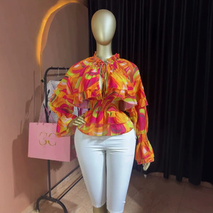 Nuova Collezione Autunno 2026: <span class=keywords><strong>Blusa</strong></span> Plissettata da <span class=keywords><strong>Donna</strong></span> Stile Europeo-Americano, Senza Colletto, con Stampa e Lacci, Design Fresco e Dolce - Product Image 1