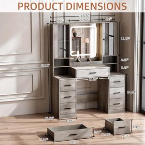 SENYU Coiffeuse Moderne avec Miroir Éclairé, 5 Tiroirs, Station de Recharge, Meuble de Chambre sur Pied, Design en Panneaux MDF - Product Image 3